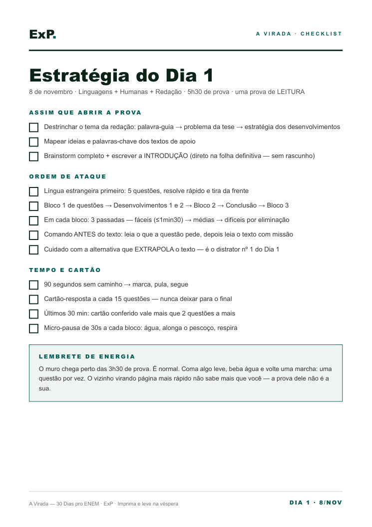 Página do Checklist Estratégia do Dia 1